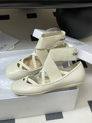 DIOR STRETCH BALLET FLATS 25S IN CREAM WHITE LAMBSKIN WITH CROSSED STRAPS