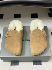 BALENCIAGA 25S FUR-LINED MULES IN LIGHT BROWN FAUX LEATHER