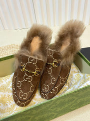 HORSEBIT MULE IN COCOA BROWN MONOGRAM VELVET AND LAMB WOOL LINING