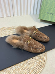 HORSEBIT MULE IN COCOA BROWN MONOGRAM VELVET AND LAMB WOOL LINING