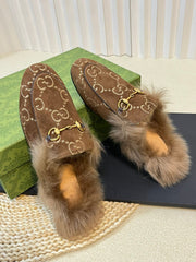 HORSEBIT MULE IN COCOA BROWN MONOGRAM VELVET AND LAMB WOOL LINING