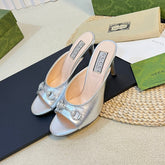 GG Women's Horsebit mid-heel slide sandal in Silver