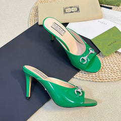 GG Women's Horsebit mid-heel slide sandal in glossy Jade Green