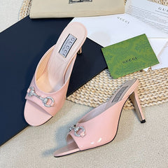 GG Women's Horsebit mid-heel slide sandal in glossy Rose Pink