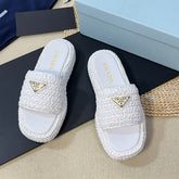 PRA CROCHET FLATFORM SLIDES WHITE RAFFIA