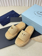 PRA CROCHET FLATFORM SLIDES BEIGE RAFFIA