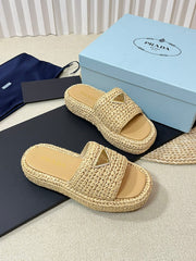 PRA CROCHET FLATFORM SLIDES BEIGE RAFFIA