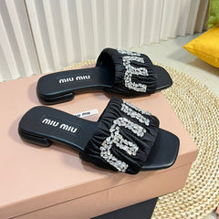 Women's Black Leather Diamond Slippers