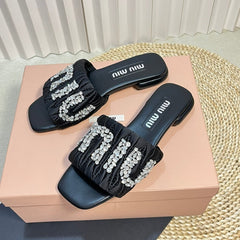 Women's Black Leather Diamond Slippers