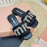 Women's Black Leather Diamond Slippers