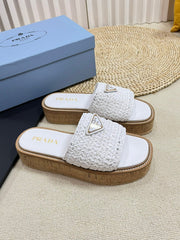 PRA WEDGE FLATFORM SLIDES WHITE RAFFIA