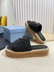 PRA WEDGE FLATFORM SLIDES BLACK RAFFIA