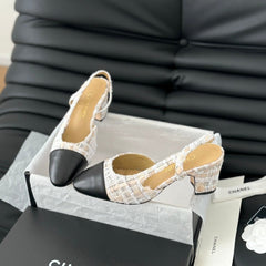 HIGH SLINGBACK IN BEIGE TWEED AND BLACK LAMBSKIN