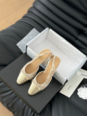 HIGH SLINGBACK IN BEIGE CREAM TWEED AND GOLDEN LAMBSKIN