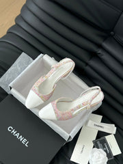 HIGH SLINGBACK IN LIGHT PINK TWEED MIX WHITE LAMBSKIN