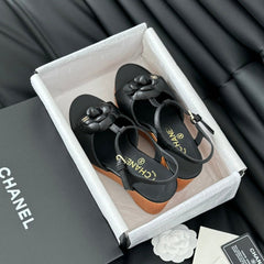 Double C New Wood Grain Platform Sandal Black Lambskin
