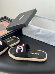 SLIPPERS IN BLACK SHEEPSKIN MIX FABRIC AND STRAPS BASE