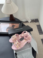 HIGH SANDALS IN PINK TWEED WITH LOGO STICKER DETAIL