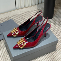 POINTED BB GOLD BUCKLE HIGH SLINGBACK 80MM IN RED PATENT CALFSKIN