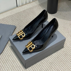 POINTED BB GOLD BUCKLE HIGH PUMPS 80MM IN BLACK PATENT CALFSKIN
