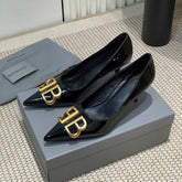 POINTED BB GOLD BUCKLE HIGH PUMPS 60MM IN BLACK PATENT CALFSKIN