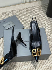 POINTED BB GOLD BUCKLE HIGH SLINGBACK 80MM IN BLACK PATENT CALFSKIN