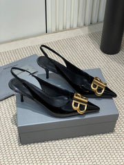 POINTED BB GOLD BUCKLE HIGH SLINGBACK 60MM IN BLACK PATENT CALFSKIN