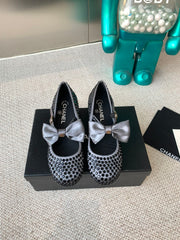 CC MARY JANES SHOES IN STEEL GRAY SATIN WITH BLACK RHINESTONES