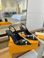 HIGH HEELS 95 MM IN BLACK MONOGRAM DENIM WITH CRYSTALS