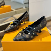 HIGH PUMP 5 CM TRIPLE-STRAP IN CHOCOLATE BROWN MONOGRAM CALFSKIN WITH BLACK STRAP