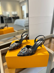 HIGH HEEL 75 MM SLINGBACK IN CHOCOLATE BROWN MONOGRAM CALFSKIN WITH CRYSTAL