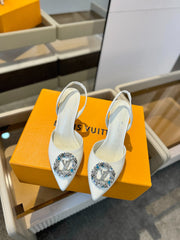 HIGH HEEL 75 MM SLINGBACK IN WHITE CALFSKIN WITH CRYSTAL