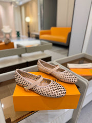 ROMY FLAT BALLERINA IN LIGHT PINK MESH PATENT CALFSKIN