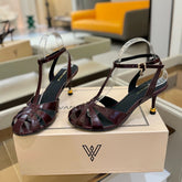 HIGH SANDALS 75 MM IN MAHOGANY RED PATENT CALFSKIN