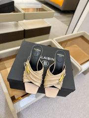 BALMAIN 25S HIGH HEEL SANDALS 95MM IN BEIGE CALFSKIN