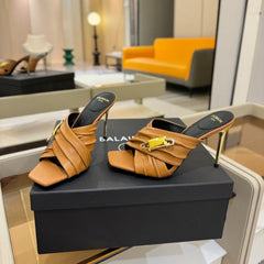 BALMAIN 25S HIGH HEEL SANDALS 95MM IN BROWN CALFSKIN