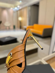 BALMAIN 25S HIGH HEEL SANDALS 95MM IN BROWN CALFSKIN