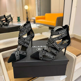 BALMAIN 25S HIGH HEELS LOGO RIBBON 95MM IN BLACK FULL SUEDE