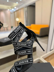 BALMAIN 25S HIGH HEELS LOGO RIBBON 95MM IN BLACK FULL SUEDE