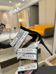 BALMAIN 25S HIGH HEELS LOGO RIBBON 95MM IN BLACK AND WHITE SUEDE