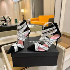 BALMAIN 25S HIGH HEELS LOGO RIBBON 95MM IN BLACK AND WHITE SUEDE