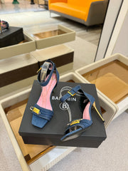 BALMAIN 25S HIGH HEELS 95MM IN BLUE DENIM