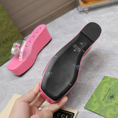 HIGH WEDGE PLATFORM WITH DOUBLE G IN PINK GLOSSY CALFSKIN