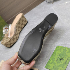 HIGH WEDGE PLATFORM IN CAMEL BEIGE CANVAS WITH DOUBLE CRYSTAL G BUCKLE