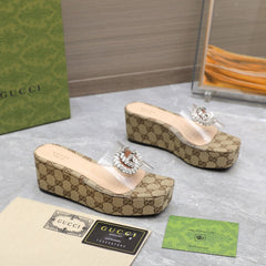 HIGH WEDGE PLATFORM IN CAMEL BEIGE CANVAS WITH DOUBLE CRYSTAL G BUCKLE