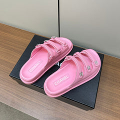 dad sandals pink 3 rows lambskin mules