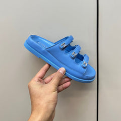 dad sandals dodger blue 3 rows lambskin mules