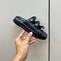 dad sandals black 3 rows lambskin mules