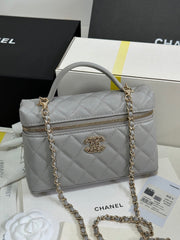 STRASS VANITY QUILTED CASE 19 IN GREY CALFSKIN WITH GOLD METALLIC