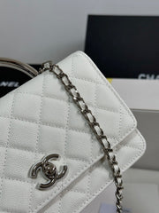 FLAP BAG WITH SILVER-TONE HANDLE 19 IN WHITE CAVIAR SKIN